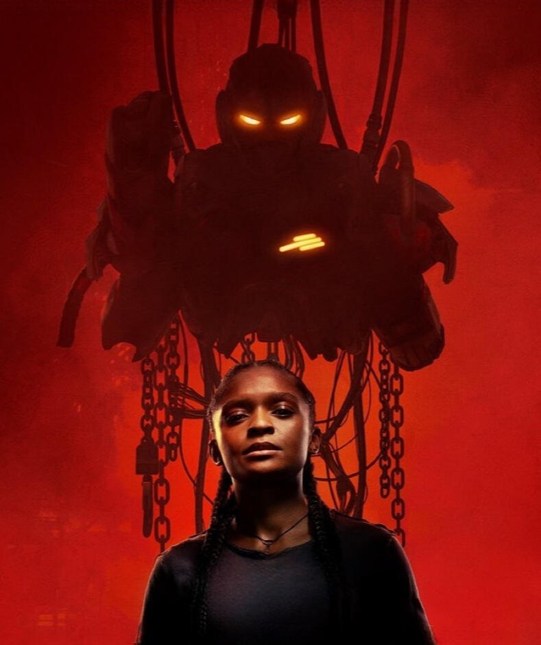 Ironheart poster with ominous armor hanging behind her