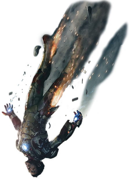 Iron Man in a heavily destroyed Suit, upside down and sinking.