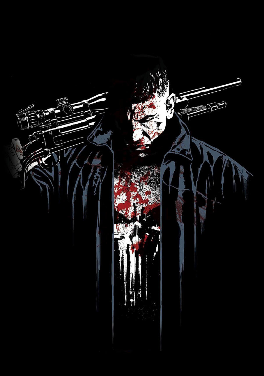 The Punisher holding a minigun